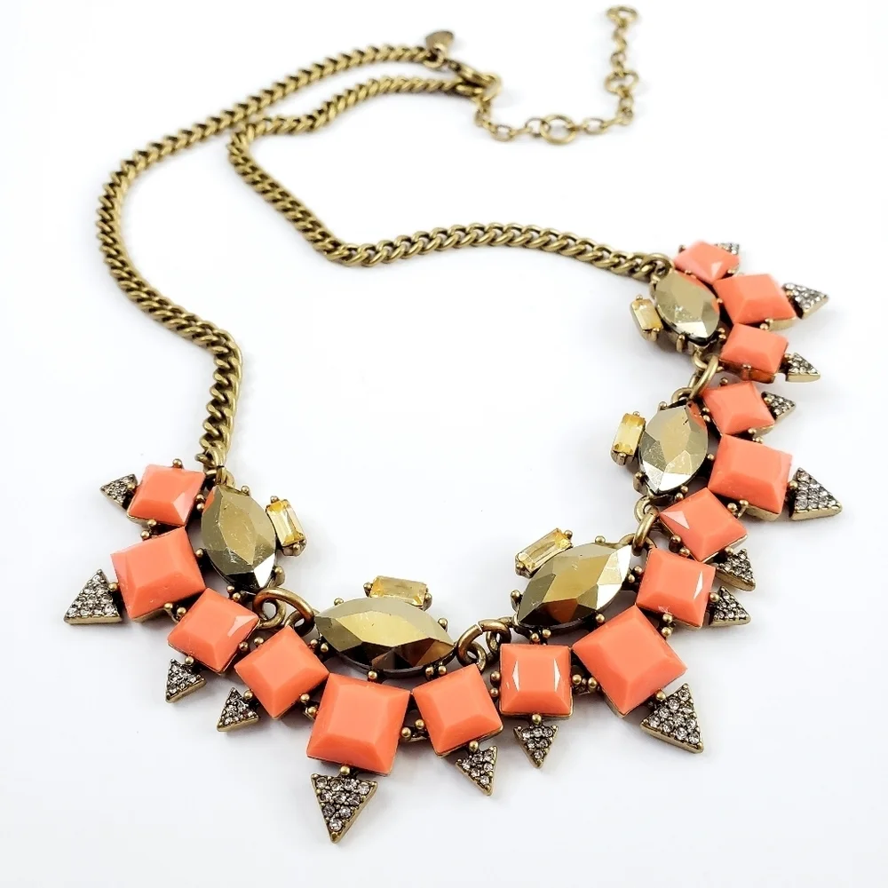 J. Crew art deco statement necklace coral orange stones + rhinestones A0301